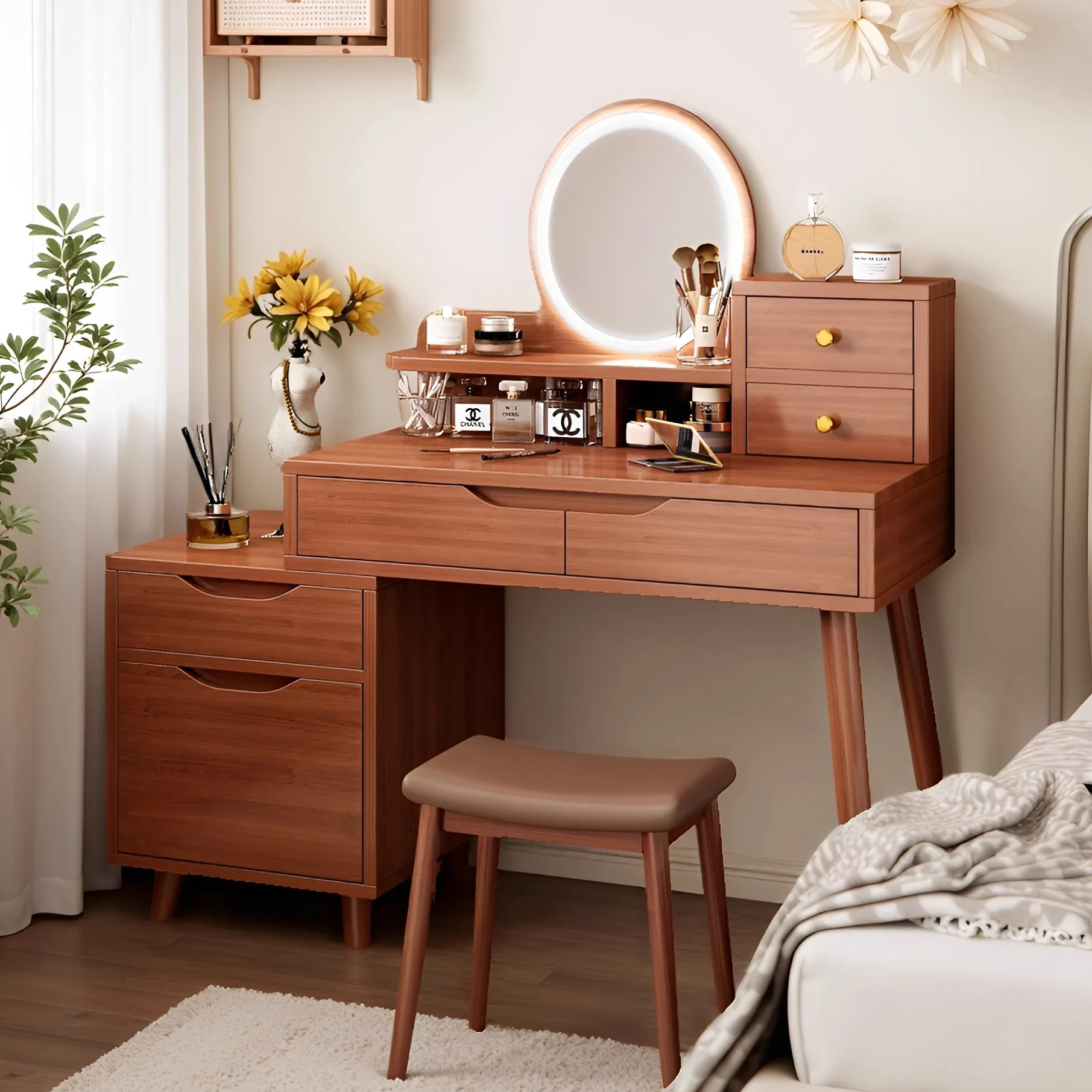 Dresser, chest, integrated small apartment, bedroom, bedside desk, retractable makeup table, mirror combination