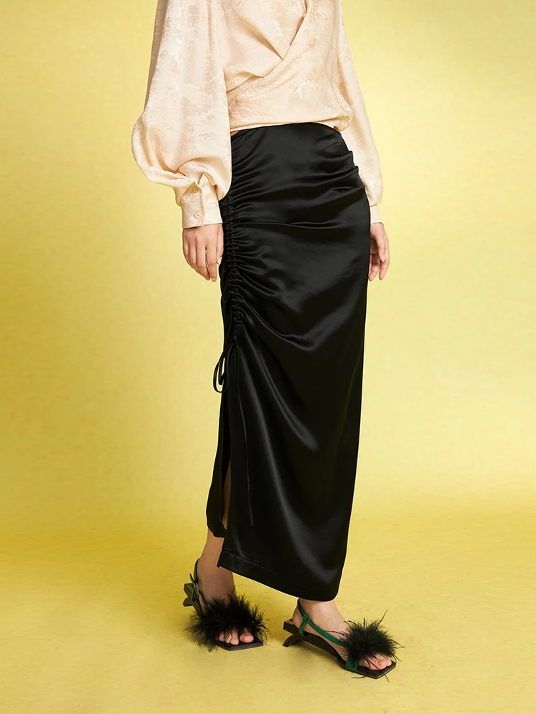 

Ele New Chinese Sle Side Split Acetate Satin Texture f Skirt High Waist Midi Skirt for Women Spring Summer Autumn