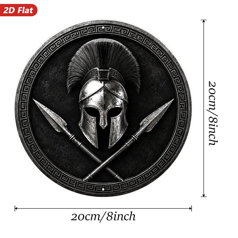 2D Flat, Round Metal Sign Wall Art, Spartan Helmet and Spears Home Decor, Ancient Greek Style, Warrior Theme,