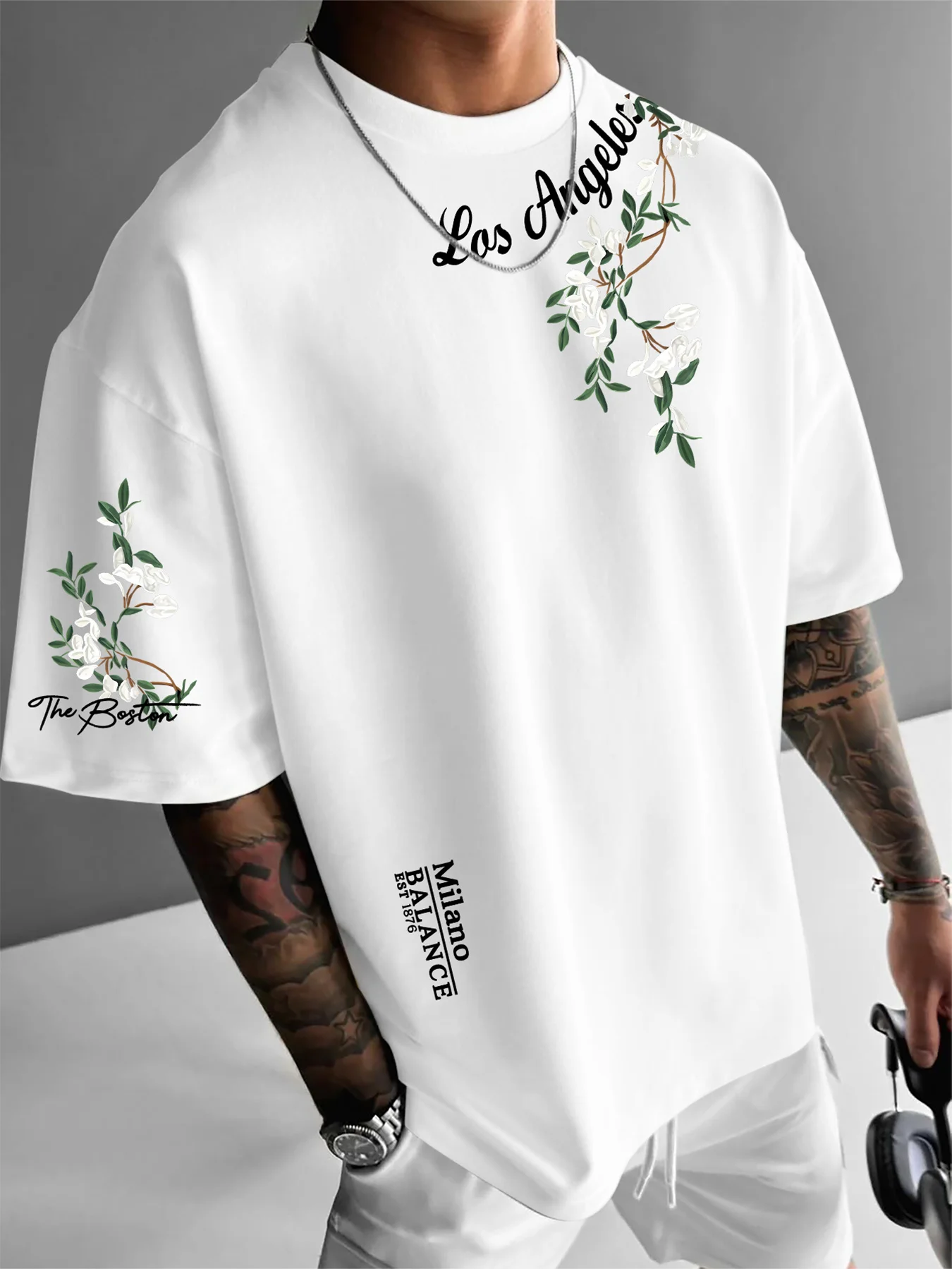 New Summer Men T-shirt in Loose Style Trendy Fashionable Features A White Flower Vine Pattern Made 100% Pure Cotton Soft Texture