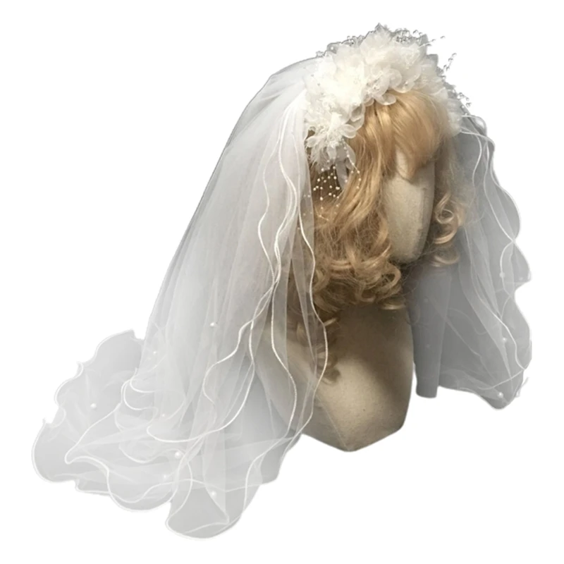 Bride Multi Layers Wedding Veil Headband Fairy Artificial White Flower Faux Pearl Beading Jewelry Hair Hoop Women Elegant Tulle