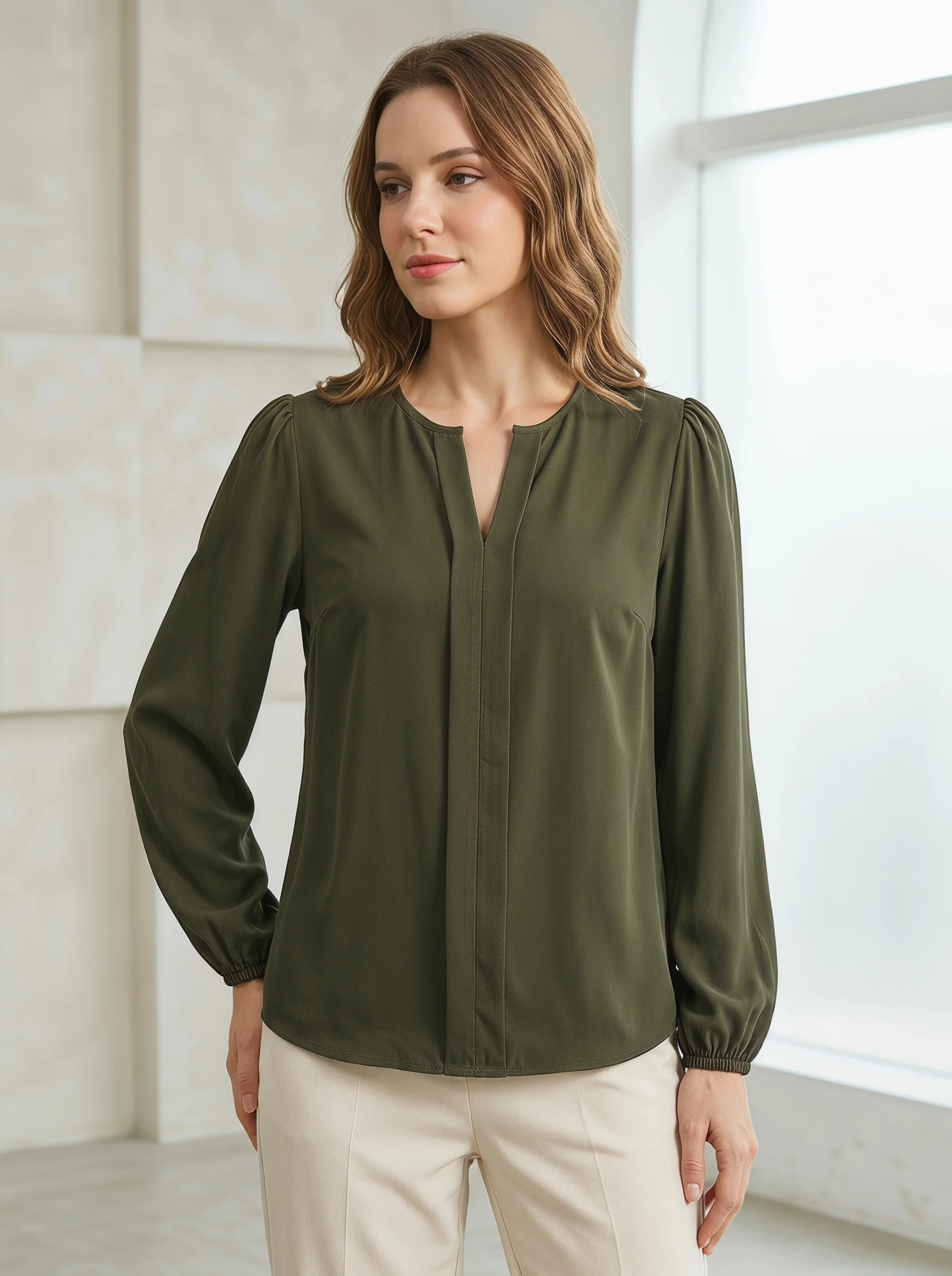 

Gadinus Women's Elegant Long Sleeve Blouse Split V Neck Loose Fit Business Casual Shirt Top