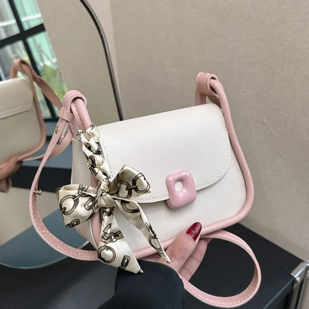 Retro Large Capacity Silk Scarf Crossbody Bag PU Contrasting Color Single Shoulder Bag Lightweight Saddle Bag Women's