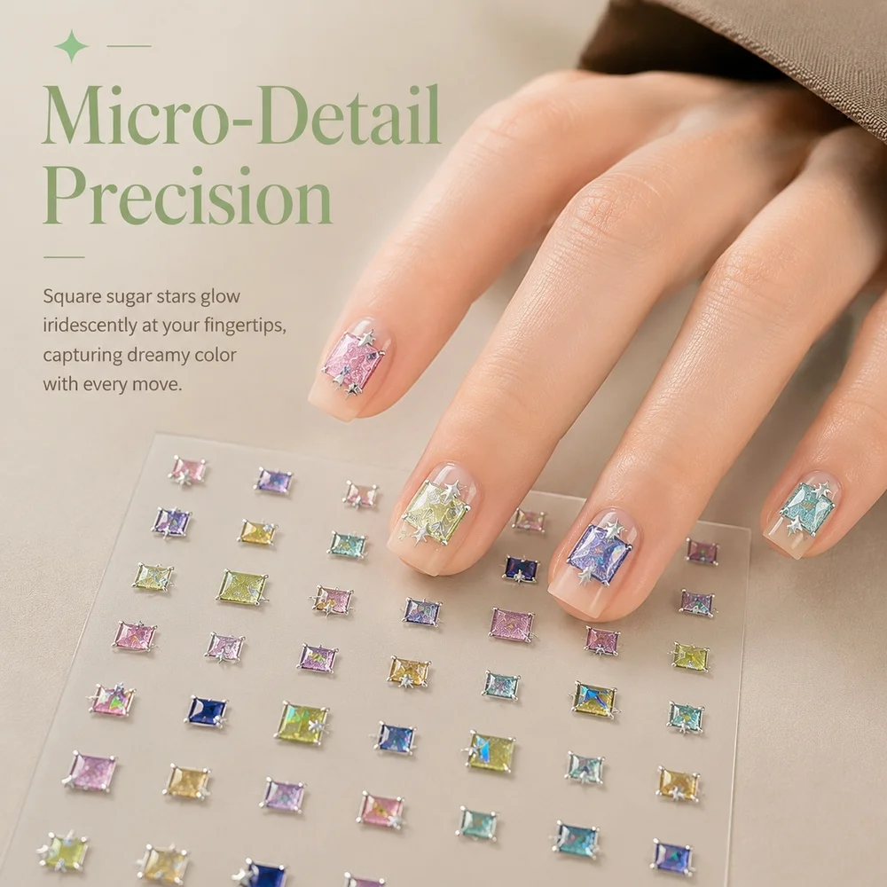 1Pc Shimmer Square Gem Nail Decals Sugar‑Shaped Imitation Diamond Hologram Star 3D Stickers For Manicure Art Accessories