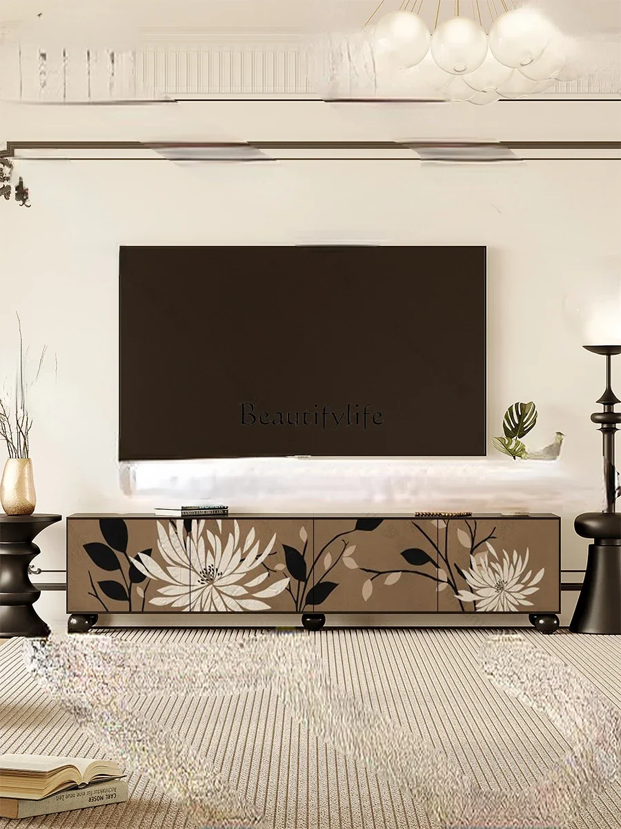 French retro solid wood TV cabinet integrated decoration against the wall floor storage low cabinet