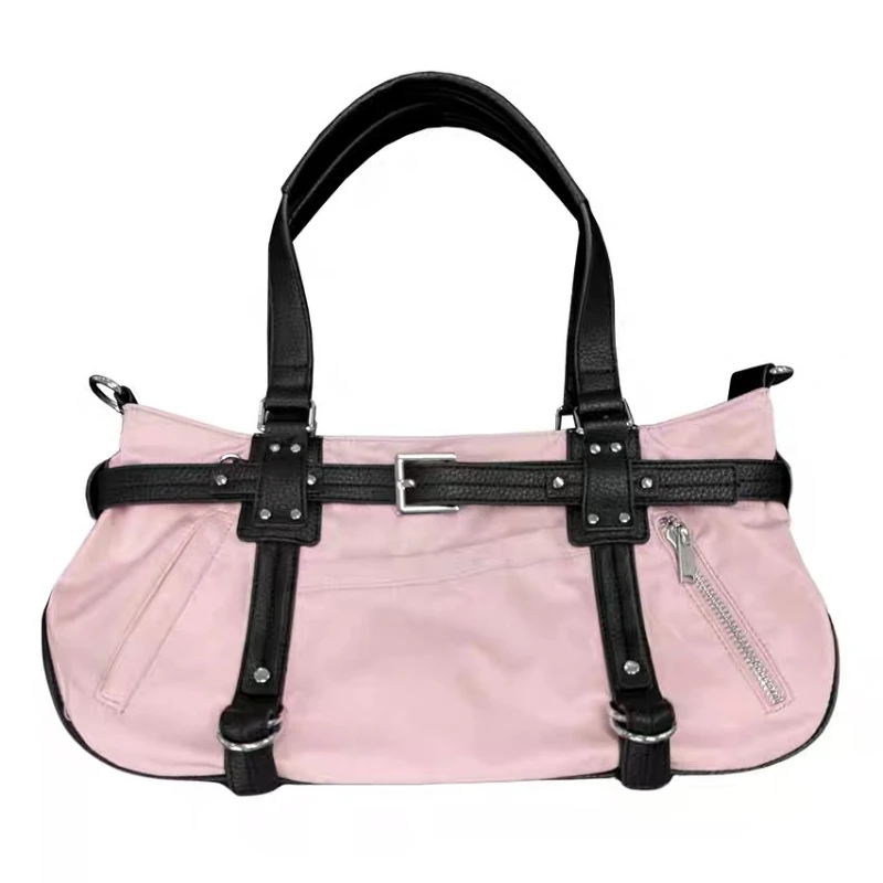 

Y2k Large Capacity Pink Shoulder Bags for Women Hot Girls Nylon Cute Handbag Motorcycle Single Shoulder Crossbody Underarm Bag