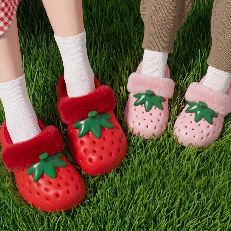 Strawberry Shaped Parent-child Slippers Perforated Shoes Sweet Cute Student Slippers Niche Design Fashion Creative Women Warm
