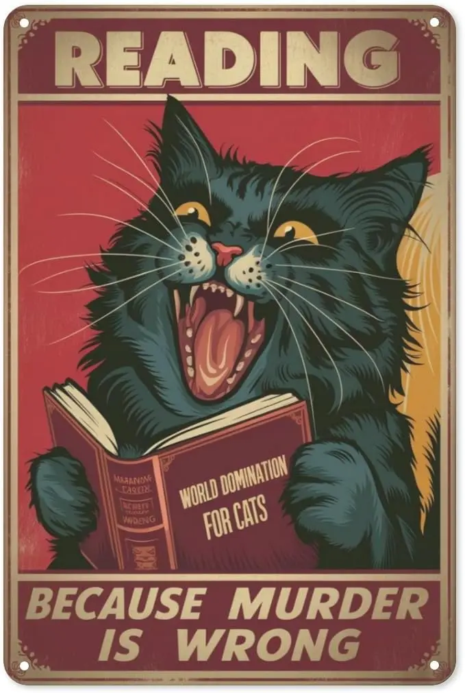 Bookish Cat Tin Sign 8X12IN Whimsical Metal Wall Art for Library, Cat Cafe & Literary Lover Home Decor sign