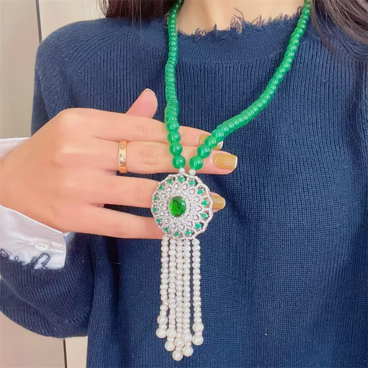 

Round Green Agates Necklace Gold Color Plated CZ Pave White Pearl Pendant
