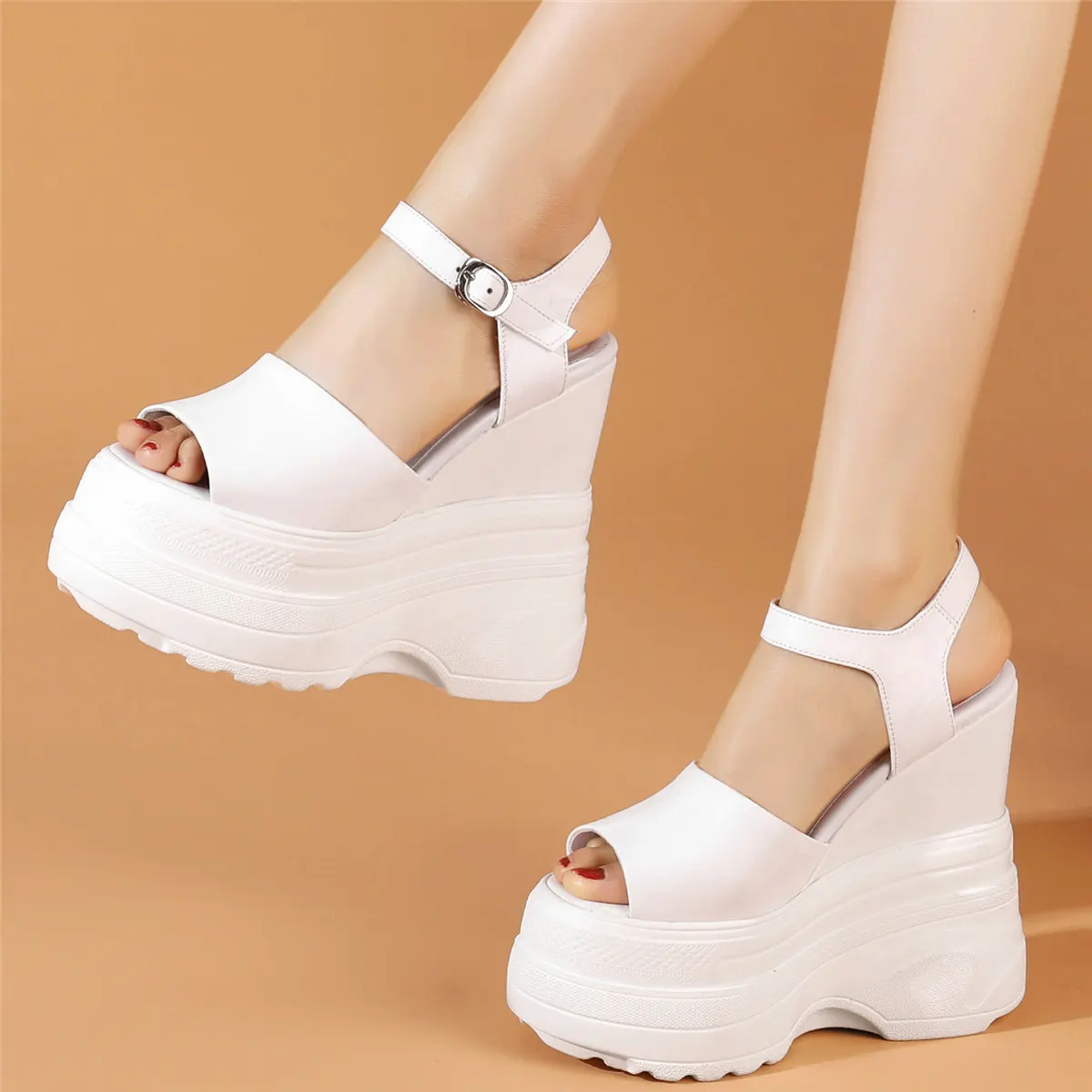 16cm High Heel Pumps Plus Size Shoes Women Genuine Leather Wedges Platform Sandals Female Open Toe Punk Sneakers Big Size Shoes