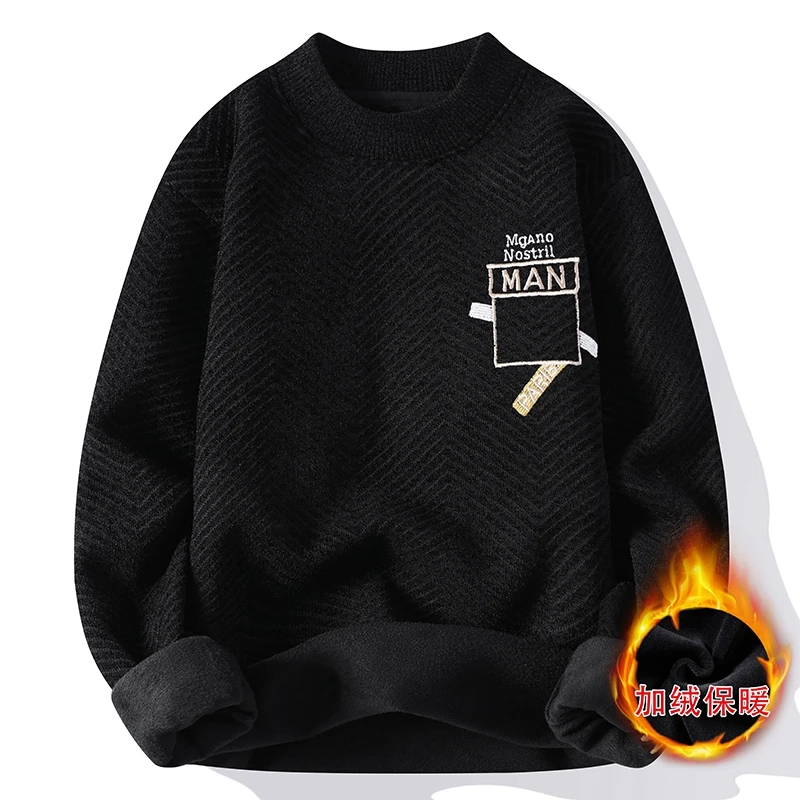 Men's Fashion Letter Print Plus Fleece Sweater Autumn and Winter Thick Pullover Knitwear