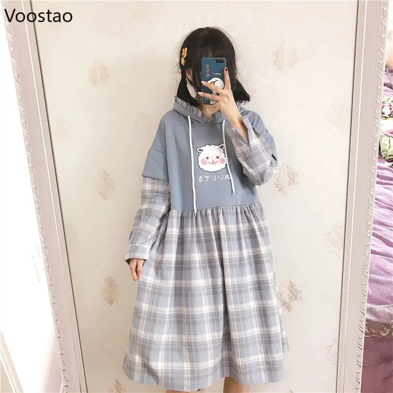 Japanese Kawaii Lolita Style Dress Women Sweet Plaid Patchwork Ruffles Loose Dresses Korean Fashion Cartoon Sheep Print Dress