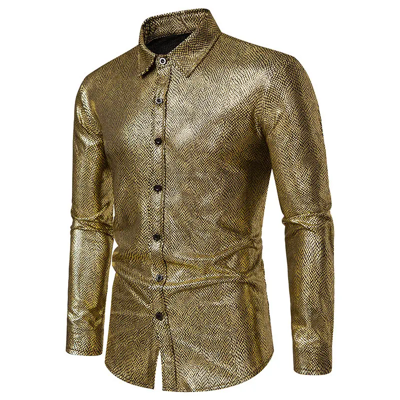 New Men Fish Scale Hot Gold Lapel Shirt Black / Gold / Silver Fashion Singer Host Stage Performance Dress Loose Shirts