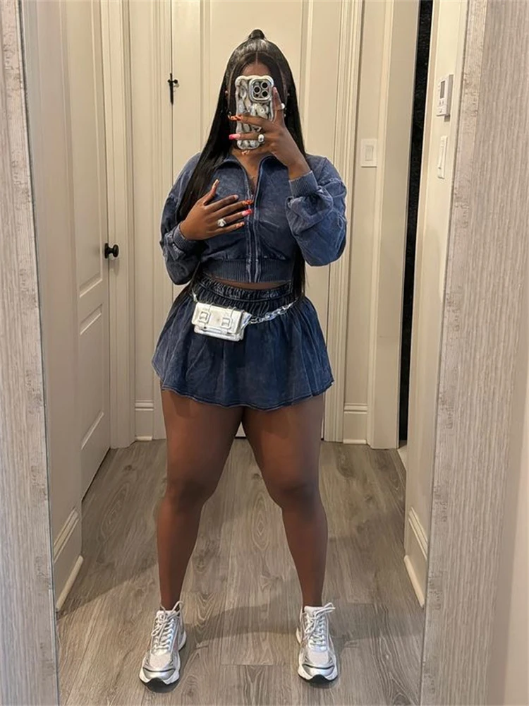 Kliou Distressed Style 2 Piece 세트 여성 전체 소매 카디건 크롭 재킷 + 탄성 허리 미니 스커트 핫티 스트리트 패션 슈트