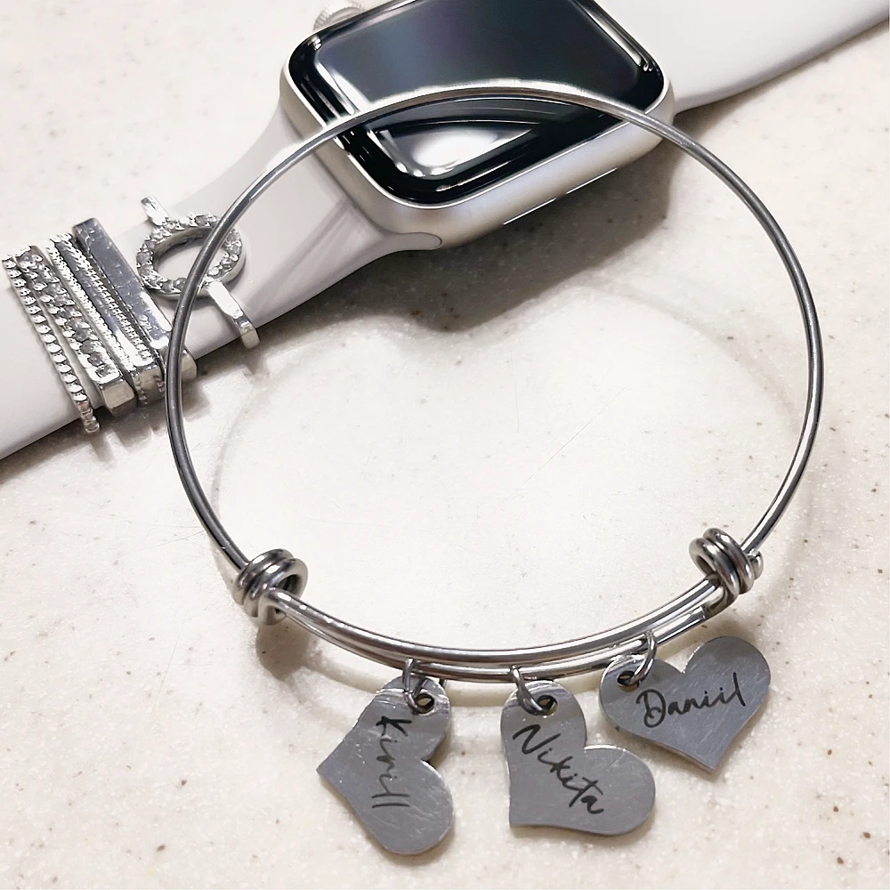 Personalized Adjustable Bangle Custom Engraved 1-5 Names Round Hearts Charms Pendant Stainless Steel Bracelets for Women Jewelry