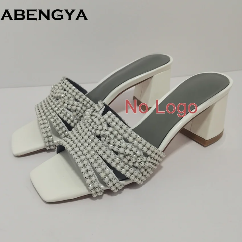 الصيف حذاء بكعب سميك المرأة النعال لامعة حجر الراين الشرائح ساحة تو السيدات عطلة أحذية الشاطئ المرأة Sandalias Mujer #3