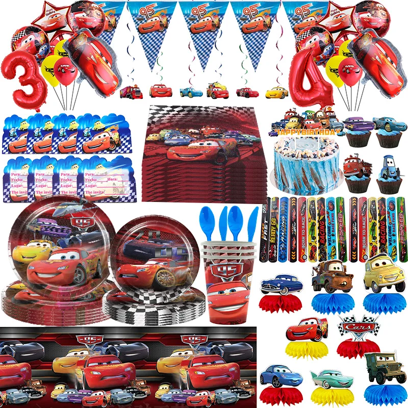 Lightning Mcqueen Cars Birthday Plate Cup Napkin Tableware Tablecloth Foil Balloon Lightning Mcqueen Birthday Party Kids Favor