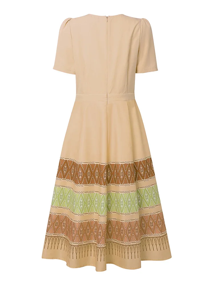 ZANZEA 우아한 여성 미디 드레스 여름 반팔 프린트 오피스 드레스 2025 캐주얼 루즈 패션 하이 웨이스트 리본 파티 드레스