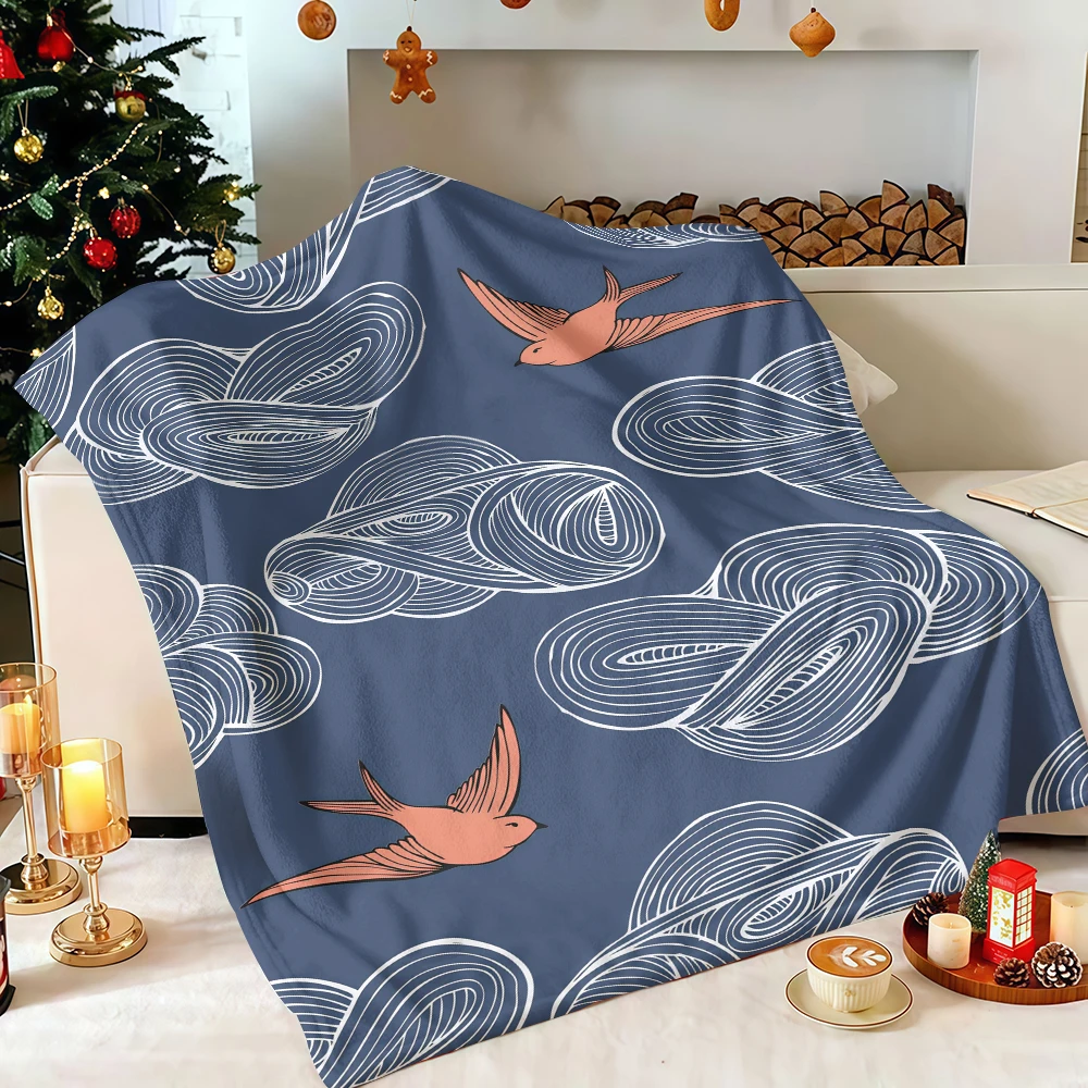 Navy Coral Cloud Swallow Line Art Flannel Blanket Soft Fuzzy Plush Cozy Warm Throw for Sofa Bed Couch Home Decor