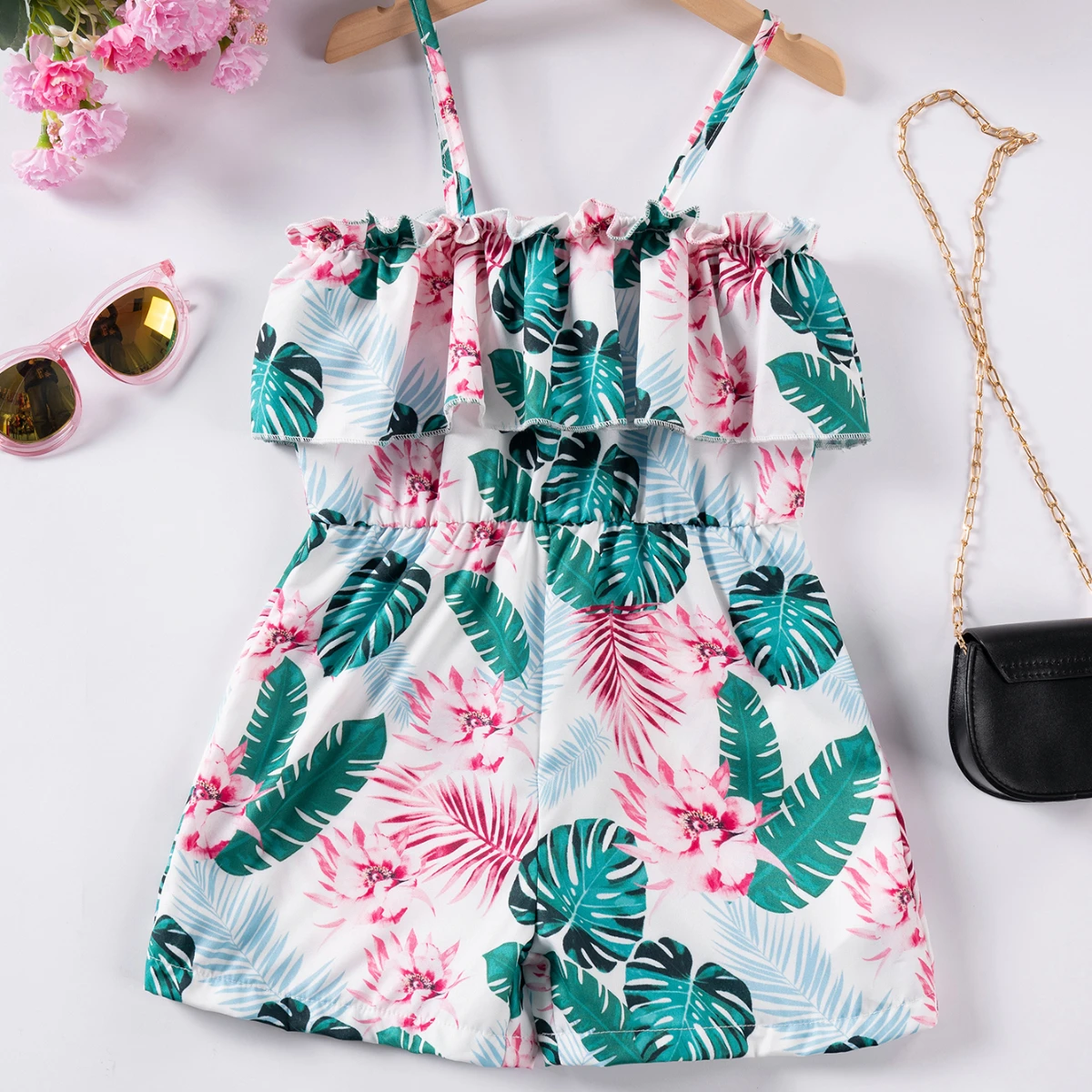 Girls Island Print Romper with Flutter Trim for Girls Stylish Summer Versatile Suit Outdoor Children Jumpsuit Soft Breathable