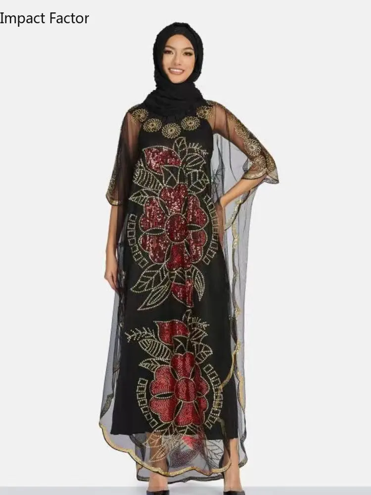 2024 New Style African Women's Clothing Dashiki Abaya Fashion Gauze Fabric Sequins Bat Sleeve Loose Dress Free Size Single Robe