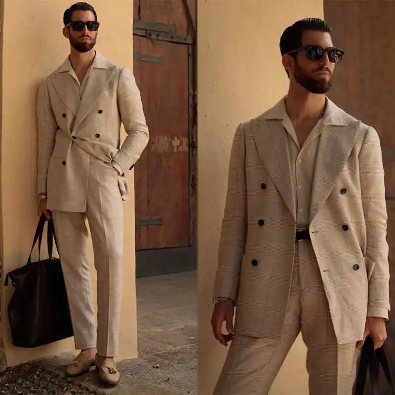 

Classic Men Groom Wedding Tuxedos Peaked Lapel Double Breasted Blazers Suits Loose Fit Customized 2 Pieces Jacket