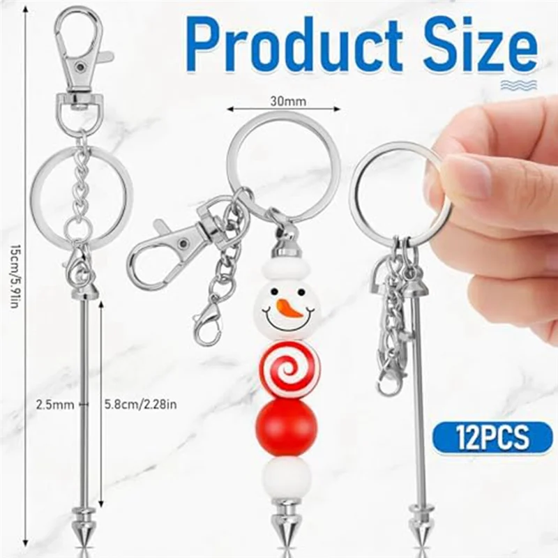 A19E-12 Pcs Beadable Keychain Bar, Silver Bead Keychain Beaded Keychain For Pendant DIY, For Keychain Making Making Gift