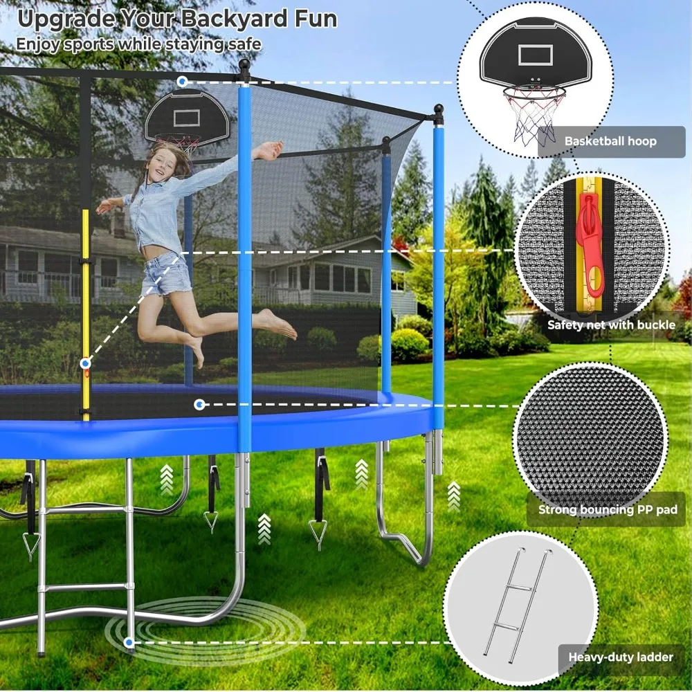 Trampoline Outdoor, Large Kids Trampoline with Light, Stakes, Sprinkler, Backyard Trampoline with Basketball Hoop and Net