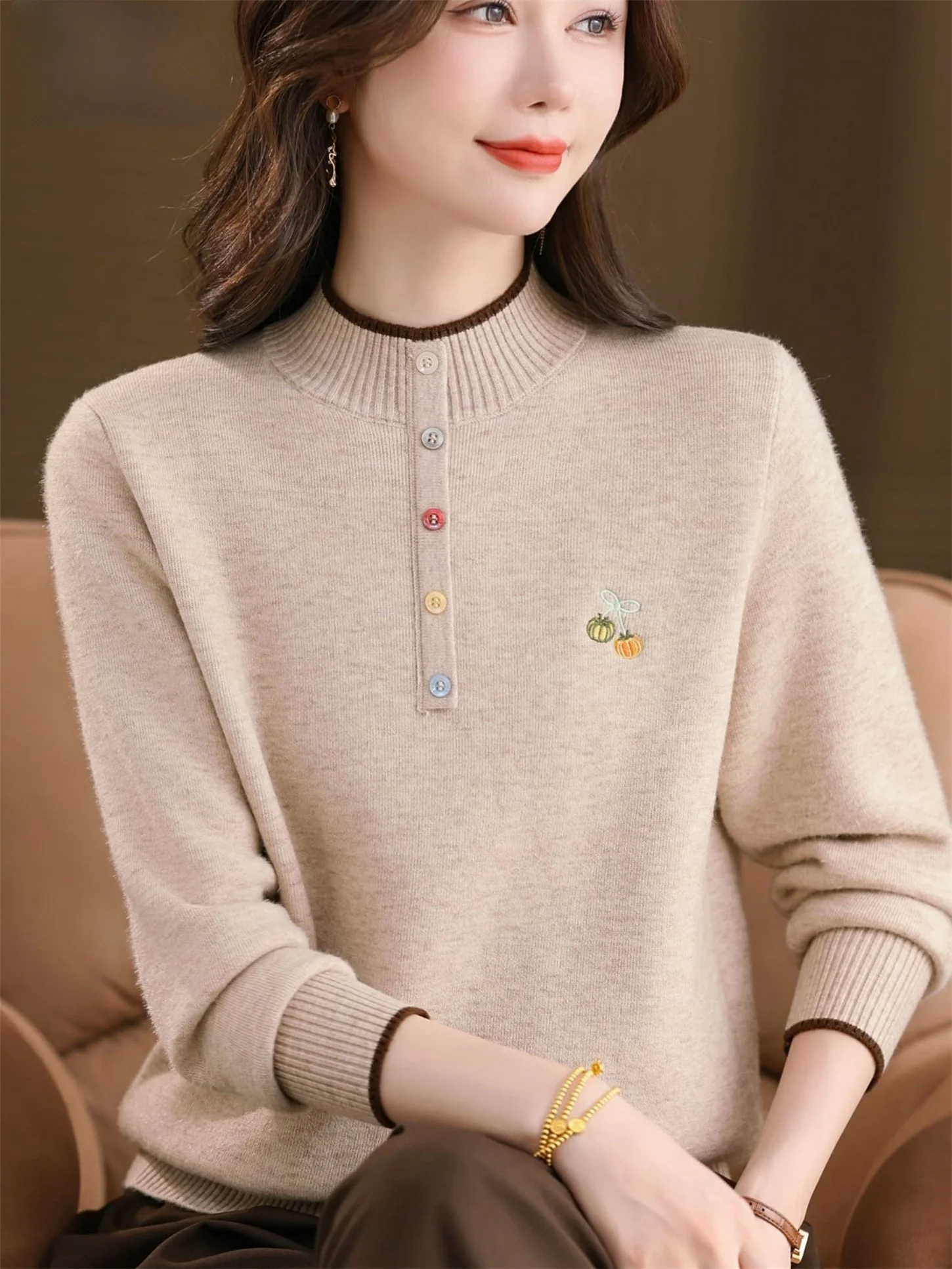 

Вязаный свитер Thiened f с высоким воротником для женщин среднего возраста и ли на пуговицах, теплый базовый слой, топ, модный слэ