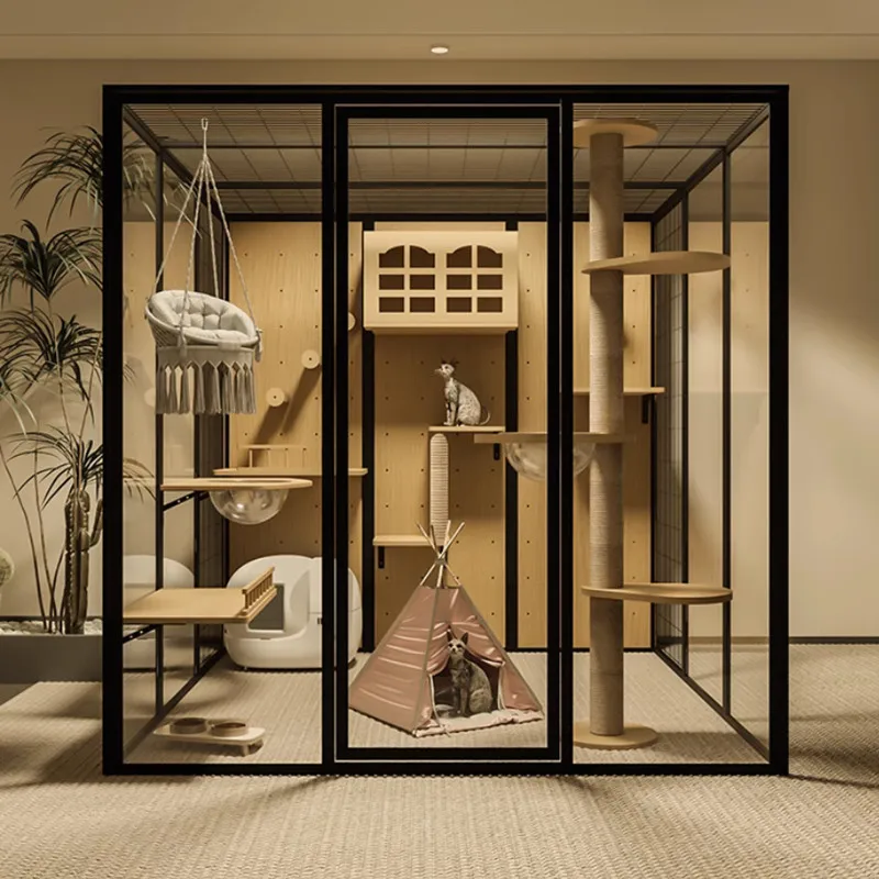 

Hot Sale Custom Cat Cabinet Aluminum Luxury Glass Room Panoramic Cat Villa Metal Home Cage Large Indoor Pet Villa Cat House