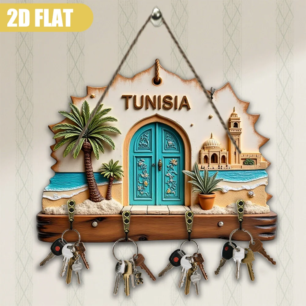 Llavero de madera con temática de Túnez, decoración de pared, colgador de puerta de madera con diseño de Torre Hassan y Medina de Túnez, árabe