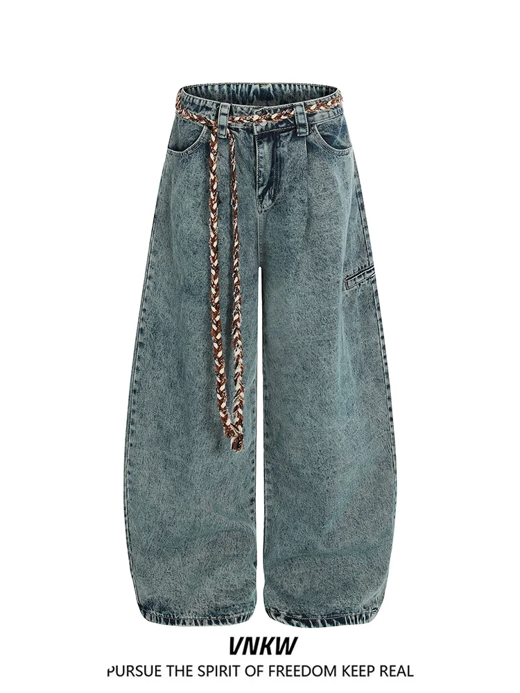 

Retro American Textured Blue Curved Knife Jeans Loose Wide Legged ex Workwear Trousers Youth Faion Cotton Polyester Blend