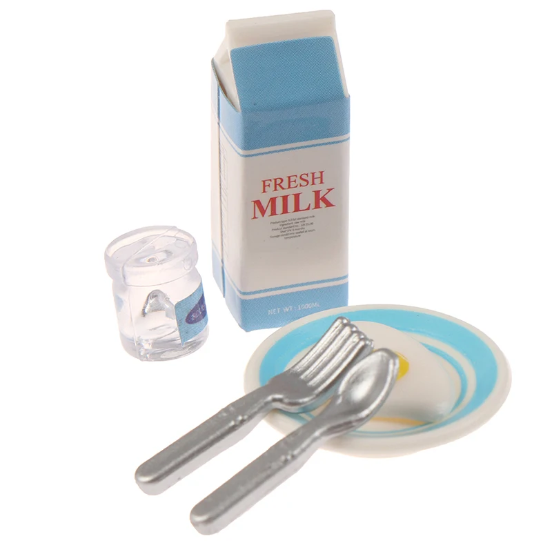 1 Zestaw 1/12 Miniaturowe Śniadanie do Domku dla Lalek: Model Jajek, Chleba, Mleka, Dekoracja Sceny Kuchennej Domku dla Lalek, Zabawki do Udawania