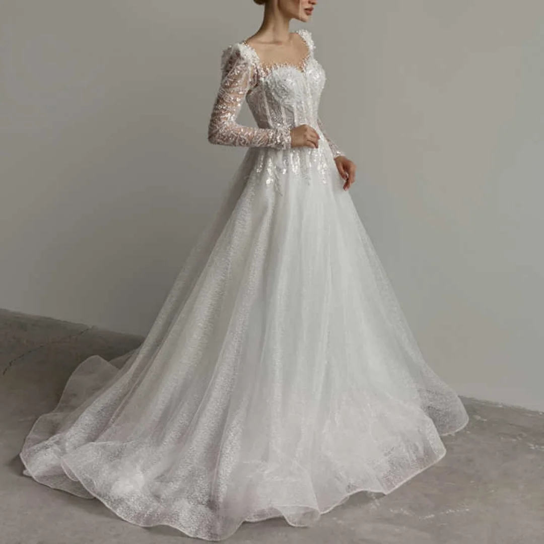 Principessa A Line Abiti da sposa Paillettes Manica lunga Sweep Train Abito da sposa Perline Abiti da sposa Realizzato su misura