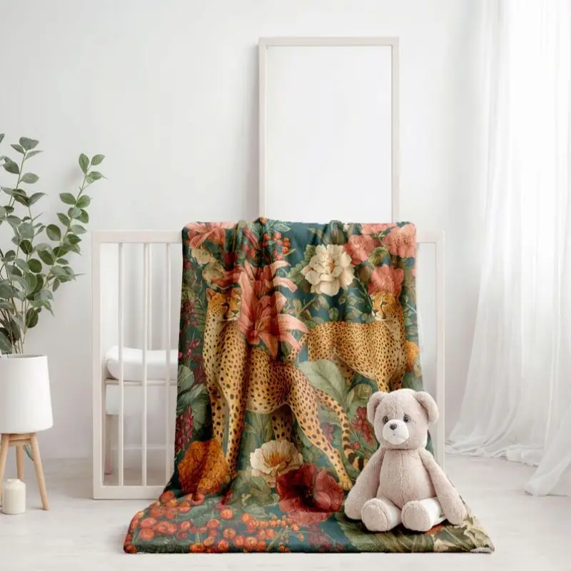 

VIKAMA Vintage Leopard Floral Flannel Blanket Soft Warm Throw For Sofa Bed Couch Home Decor All Season