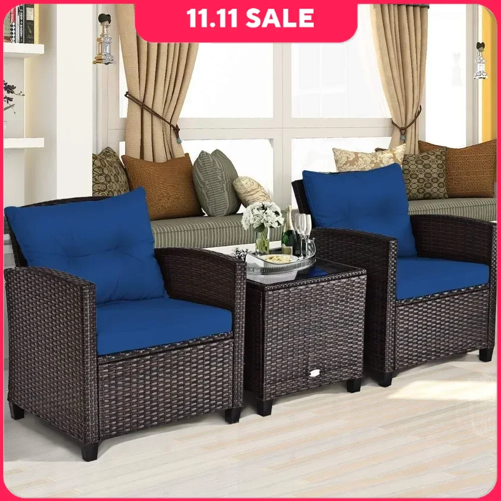 

Garden Sofas, PE Rattan Wicker 3 Pcs Outdoor Sofa Set w/Washable Cushion and Tempered Glass Tabletop, Garden Sofas