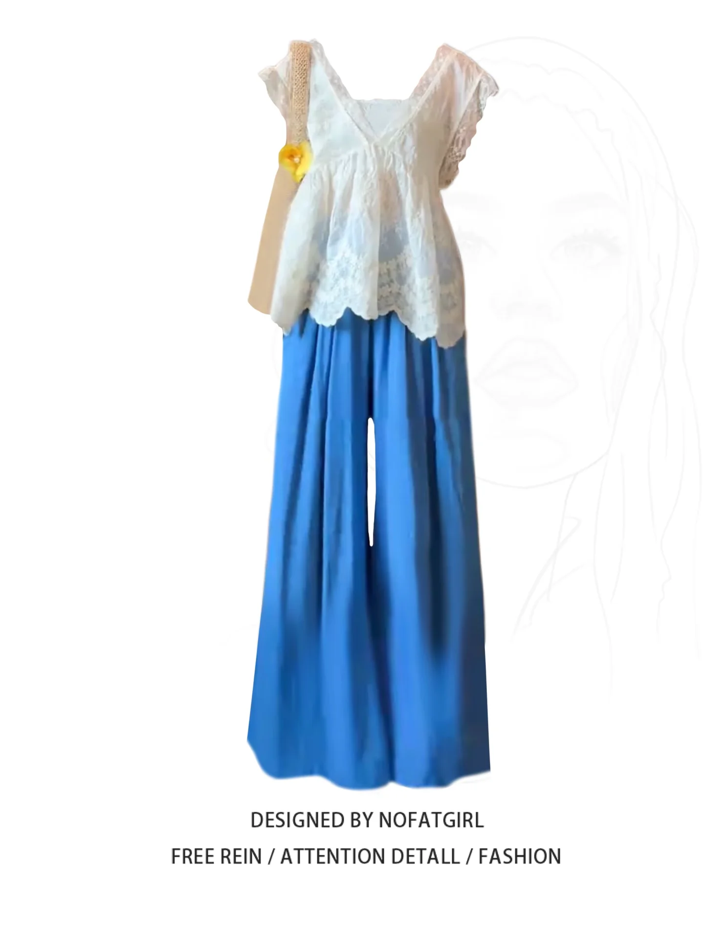 

plus Size Women's Lace Trim Fly Sleeve V-Neck Top High Waist Wide Leg Pants Two-Piece Set Summer Loose Fit Fashion Ensemble