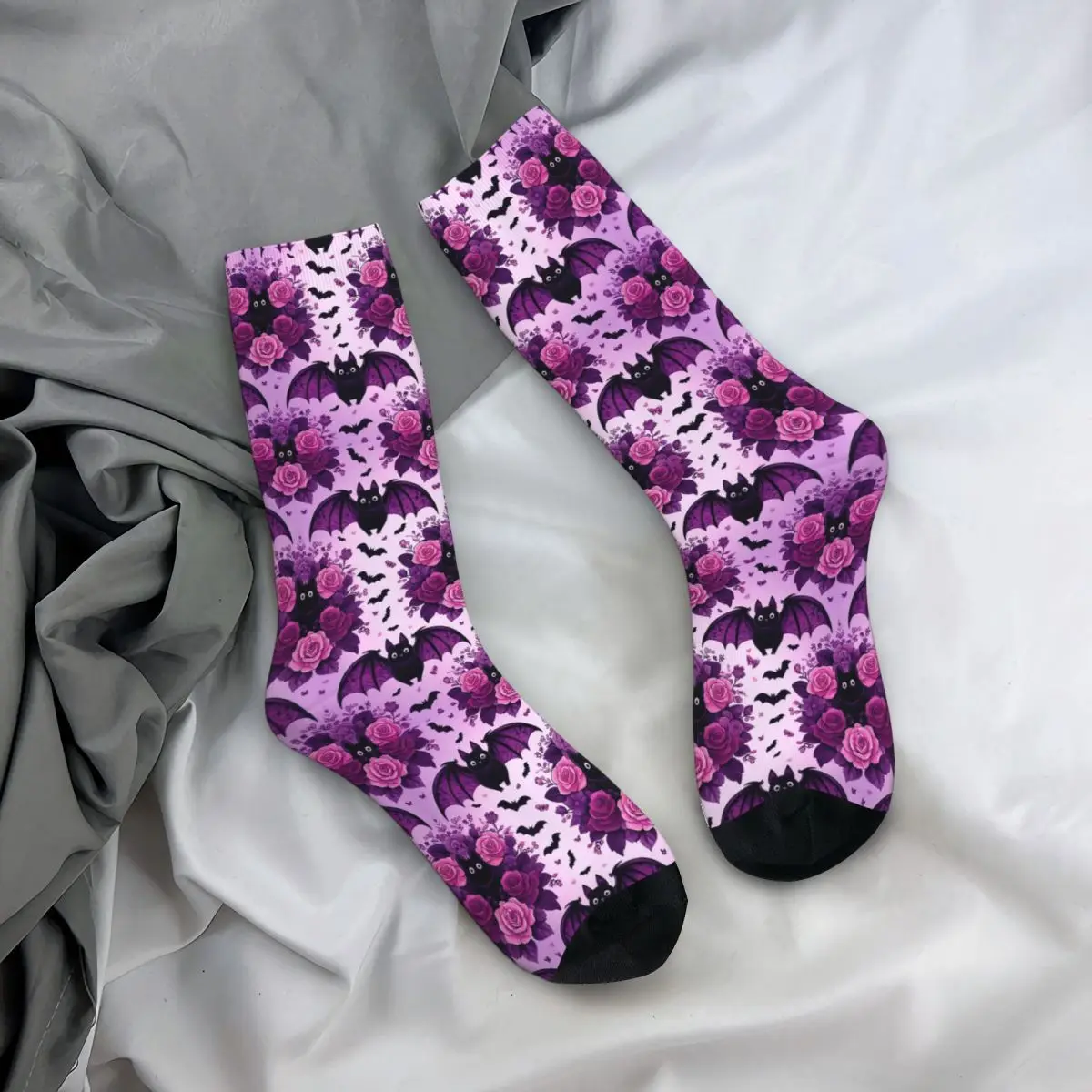 

Всесезонные чулки для экипажа, фиолетовые носки с летучей мышью и цветочным узором, длинные носки в стиле Харадзюку, аксессуары для мужчин и женщин, рождественские подарки
