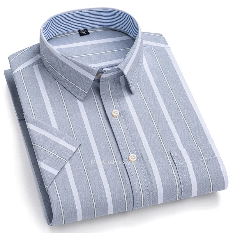 2026 100% cotton Summer Short Sleeve Shirts for Men Slim Fit Casual Plain Shirt Plaid Office Clothes Plus Size