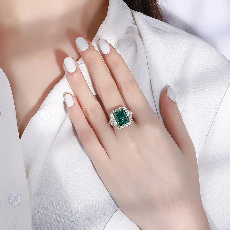 

Jewelry S925 silver plated PT950 color treasure high carbon diamond ring cultured gemstone women's full diamond inlaid 10*12
