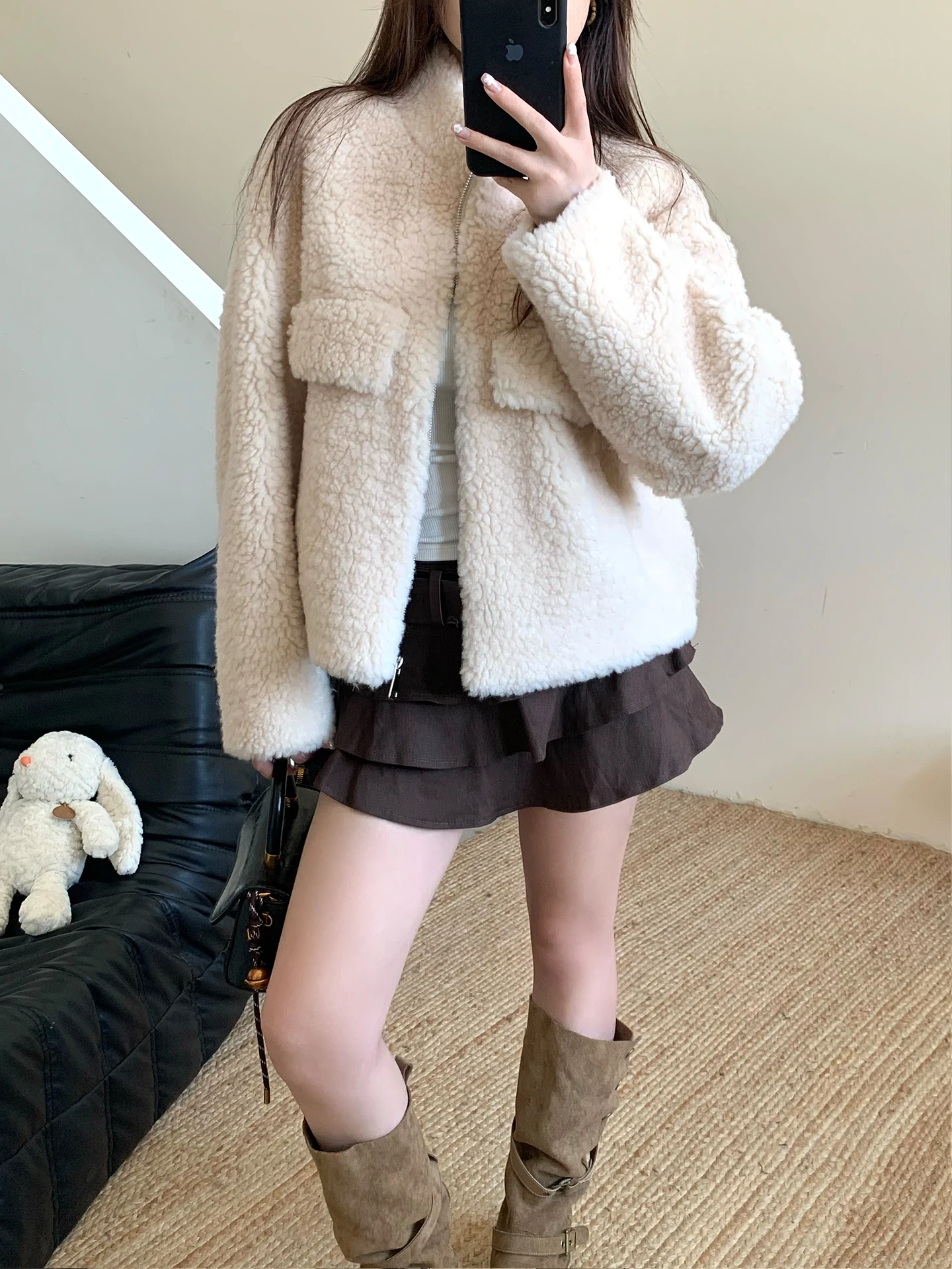 Nova Chegada: Casaco Feminino de Lã Pura com Zíper, Gola Curta e Forro de Pele Integrado para Aquecimento, Confortável, Estilo Jovem, Versão Coreana