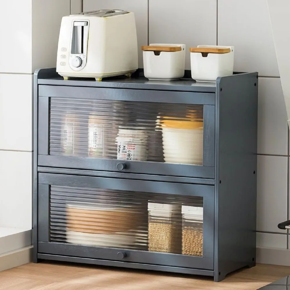 

Countertop Kitchen Storage Cabinet, 2-Tier Bamboo Pantry Sideboard Small Dining Cupboard with Flip-Top Hovering Door Organizer S