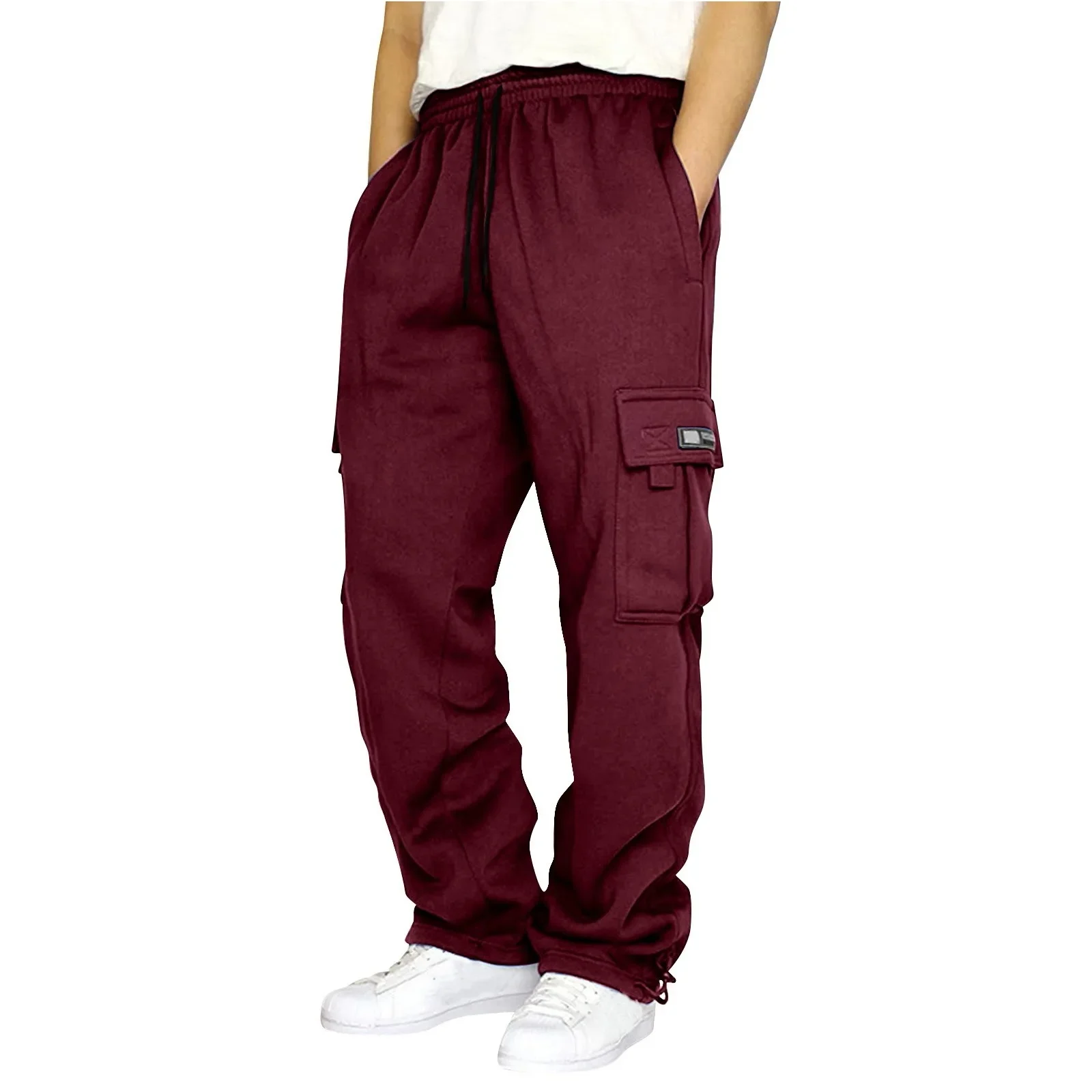 Pantalones de chándal de lana para hombre, peto informal holgado de pierna recta con múltiples bolsillos, pantalones gruesos de Color sólido, Otoño e Invierno