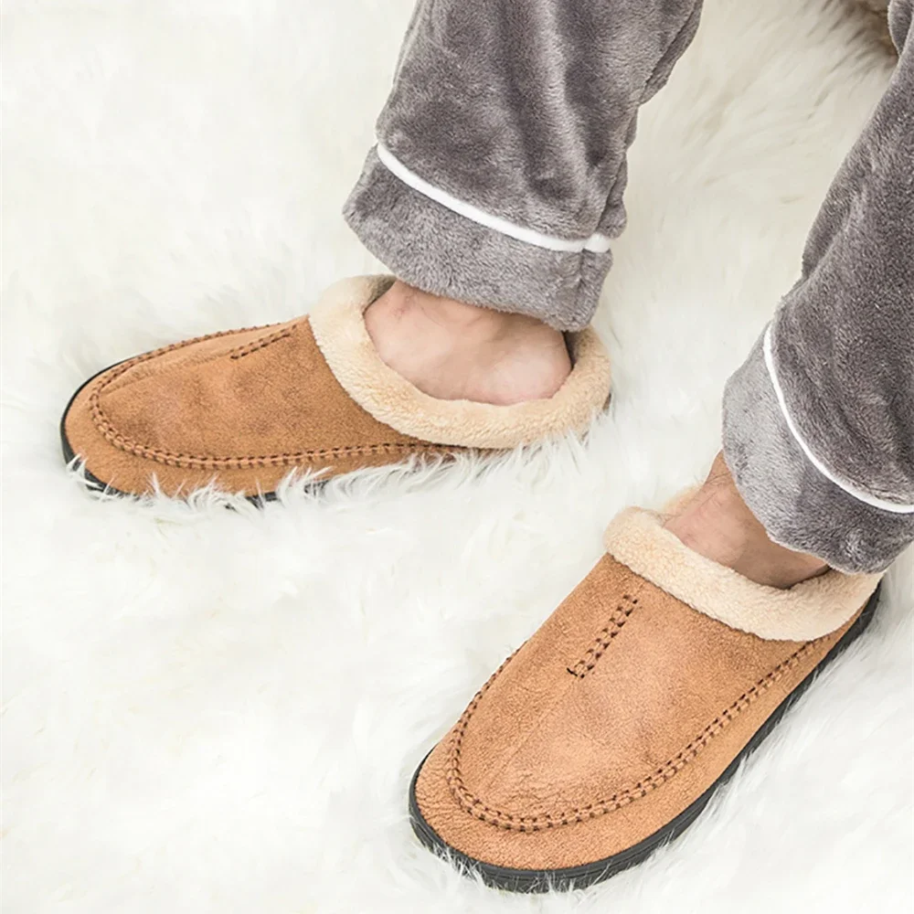 Men Slippers Black New Winter Suede Slippers Warm Indoor Slipper Waterproof Home House Shoes Men Warm Velvet Fur Knitting Shoes