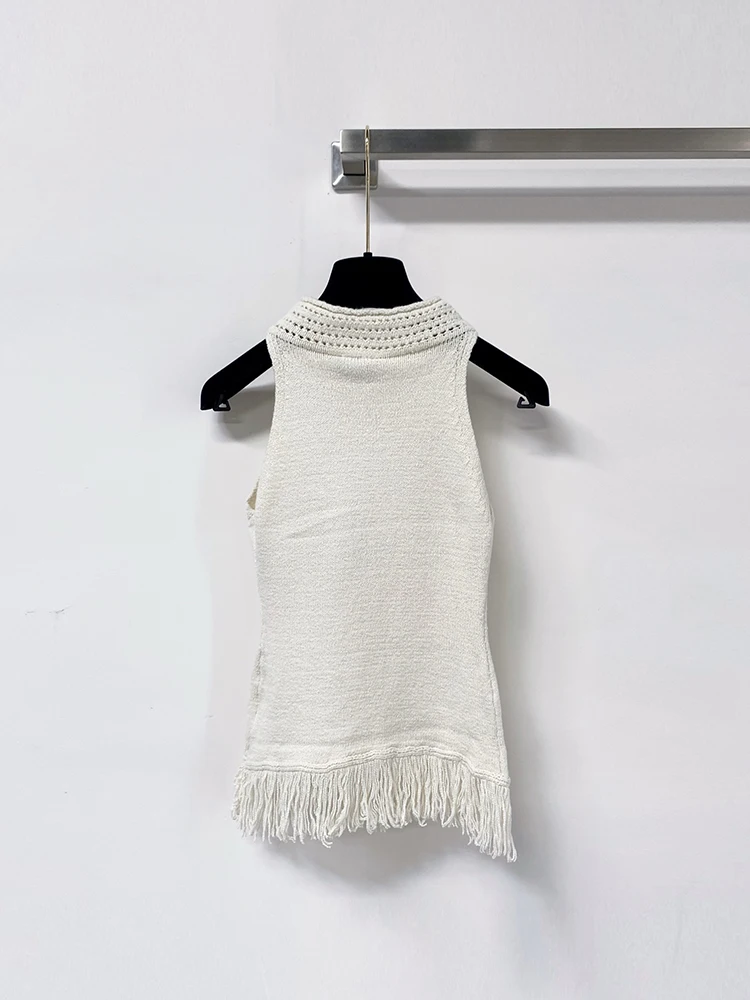 Summer Fashion Daily Casual White Simplicity Slim Knitting Vest Women's Hollow Out Stand Collar Sleeveless Tassel Hem Tops