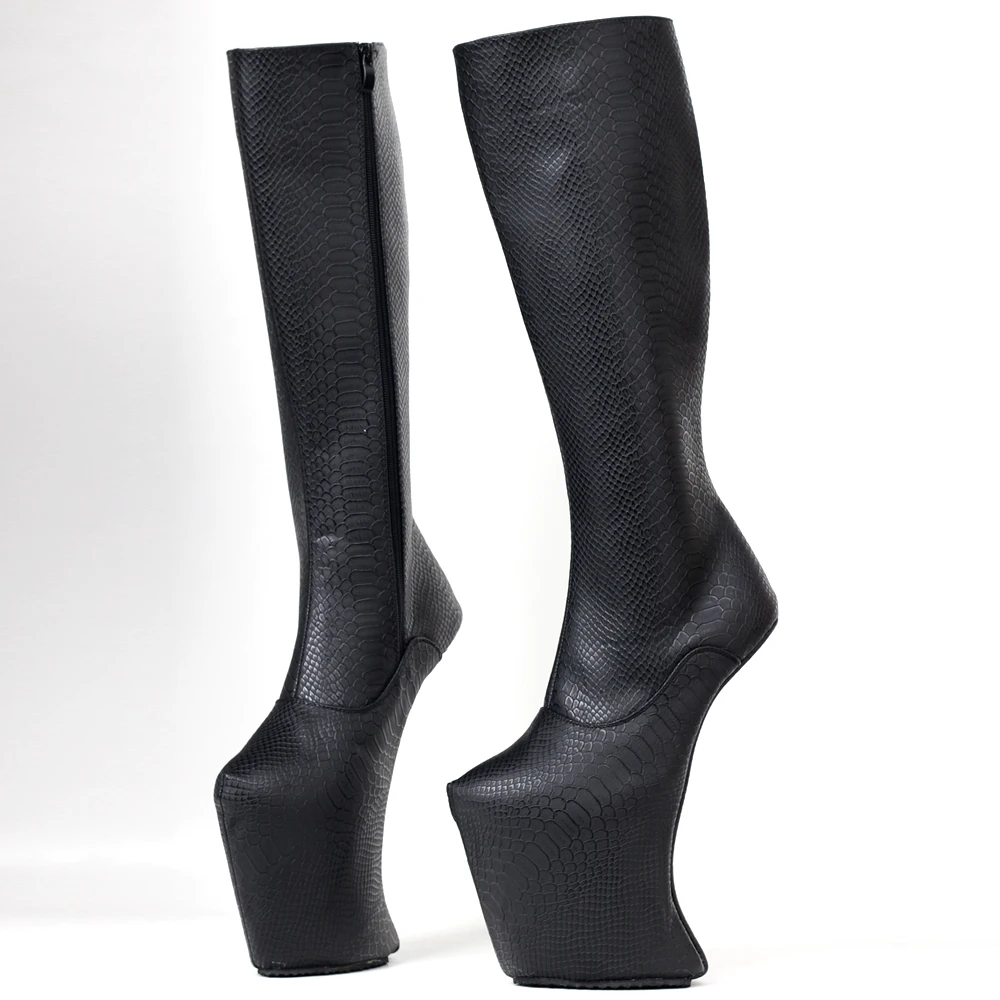 25CM Hoef Heelless Vrouwen Knie Hoge Laarzen, Fetish Platform Botas, Mannen Cross Dressing Snake Patroon Cosplay Schoenen, Zwart, Aangepaste Kleur