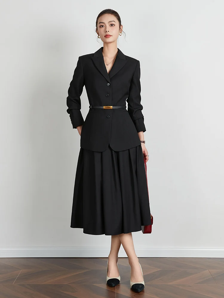 

Ele Bla Suit Skirt Set Spring 2026 Luxury Two-Piece Ensemble Button Detail Slim Fit Polyester Fiber Long Sve