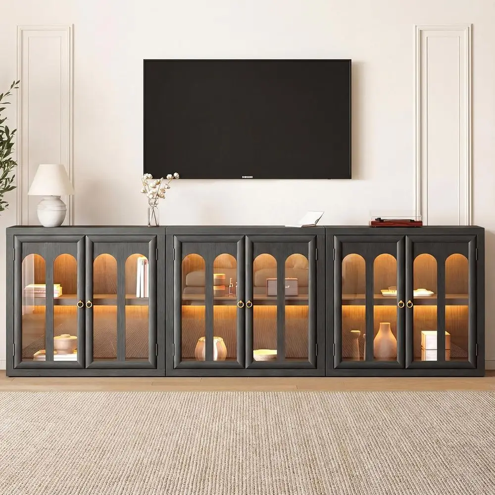 

Sideboard Buet Cabinet Set o 3 with Arched Glass Do, ular Display Cabinet with LED Lights & Adjustable Shelves, ern China Cabine