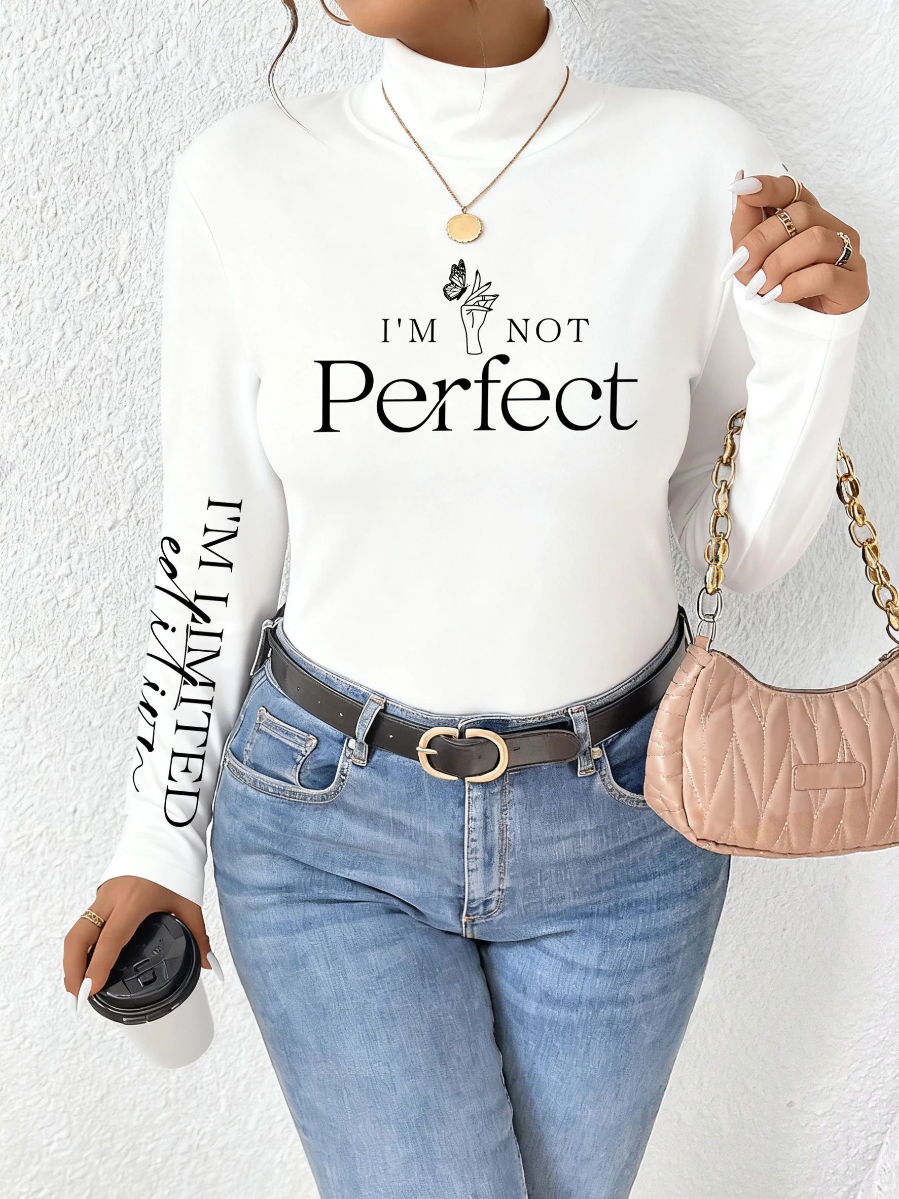 Koszulka damska z nadrukiem artystycznym i napisem \\\\\\\"I'M Not Perfect\\\\\\\", jesienne uniwersalne topy, modne, codzienne bluzy, dopasowane, grube ubrania z długim rękawem.