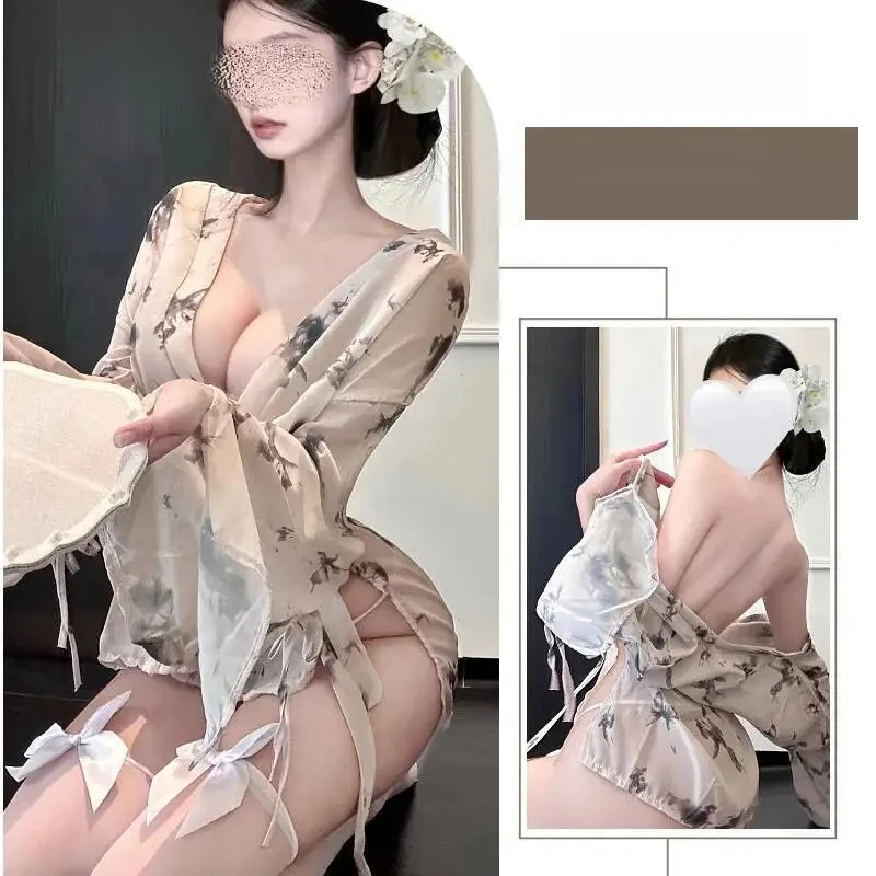 섹시하고 매력적인 여성용 리본 프린트 시스루 딥 V 기모노 나이트가운 슬립웨어 드레스 우아한 패션 섹시 여성 미니 드레스